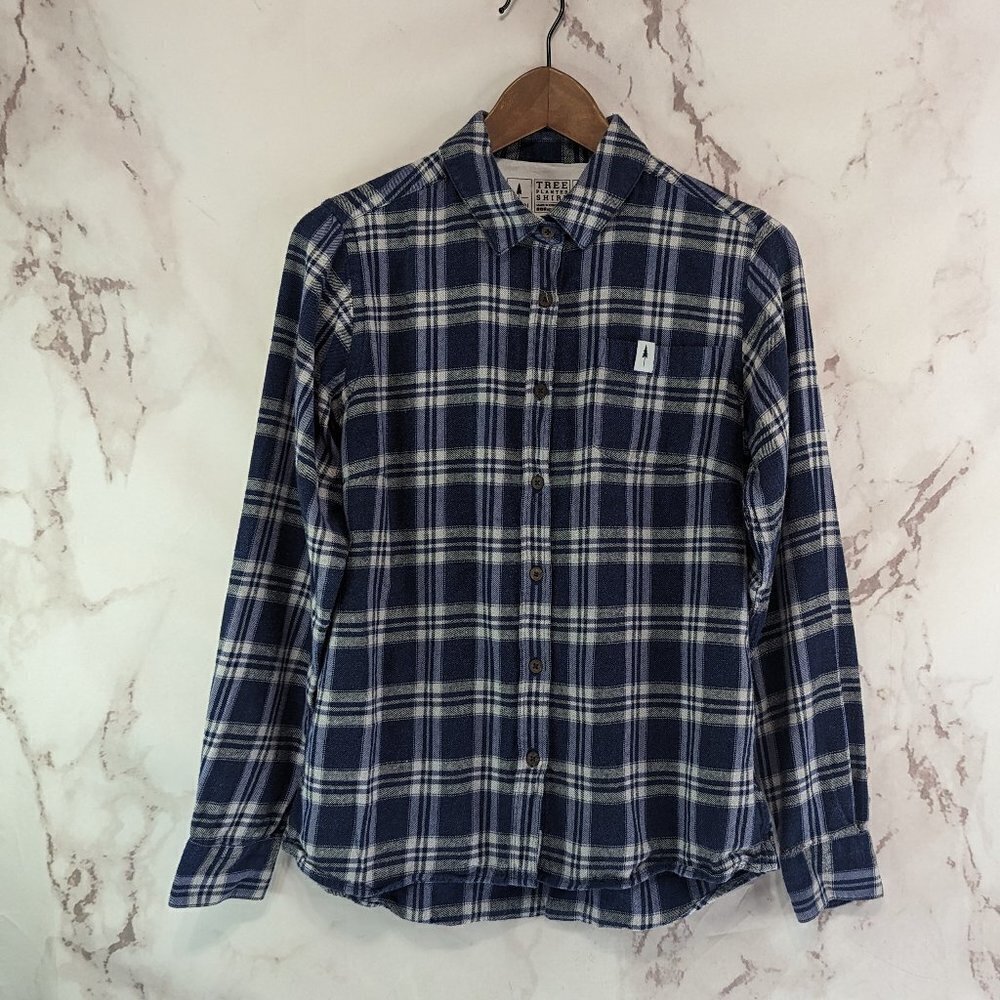 Nikin Tree Planter Shirt Womens Medium Blue Plaid Flannel Button Up Long Sleeve